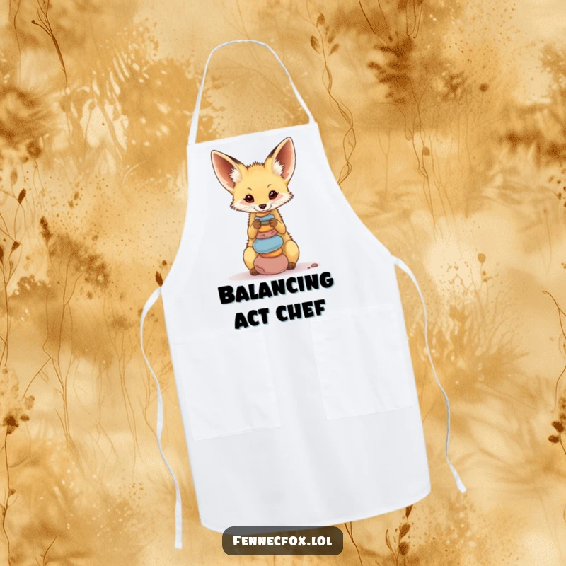 Funny Fennec Fox Apron, a cute desert fox balancing colorful pebbles on its nose, perfect for kitchen humor.