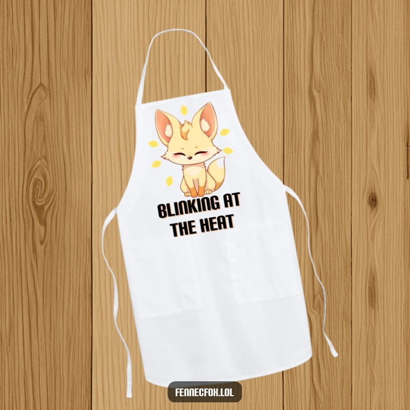 Funny fennec fox apron, depicting the character slowly blinking against a bright sun, large ears prominent, ideal for kitchen tasks.