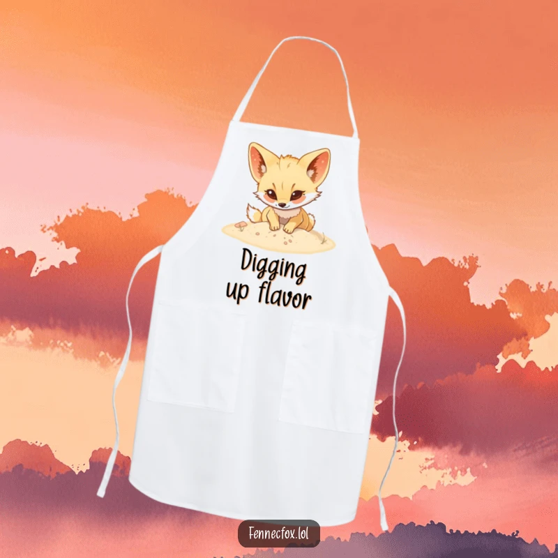 Funny Fennec fox apron showing a character digging with enthusiasm, perfect for adding humor to cooking, baking, or crafting sessions.