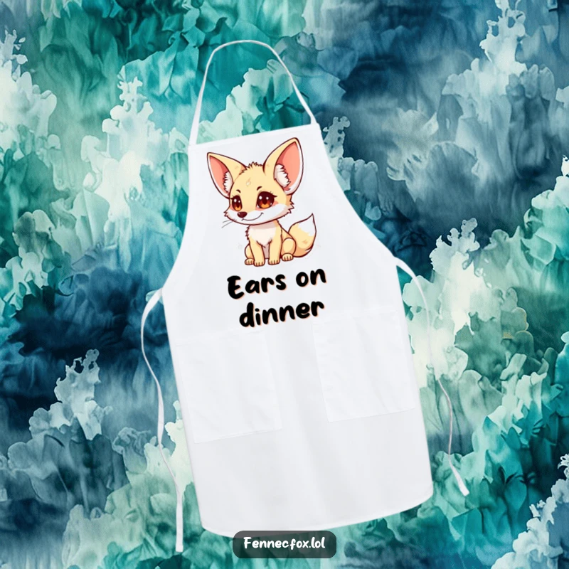 Funny fennec fox apron showing a character with big ears, perfect for listening while cooking or baking.