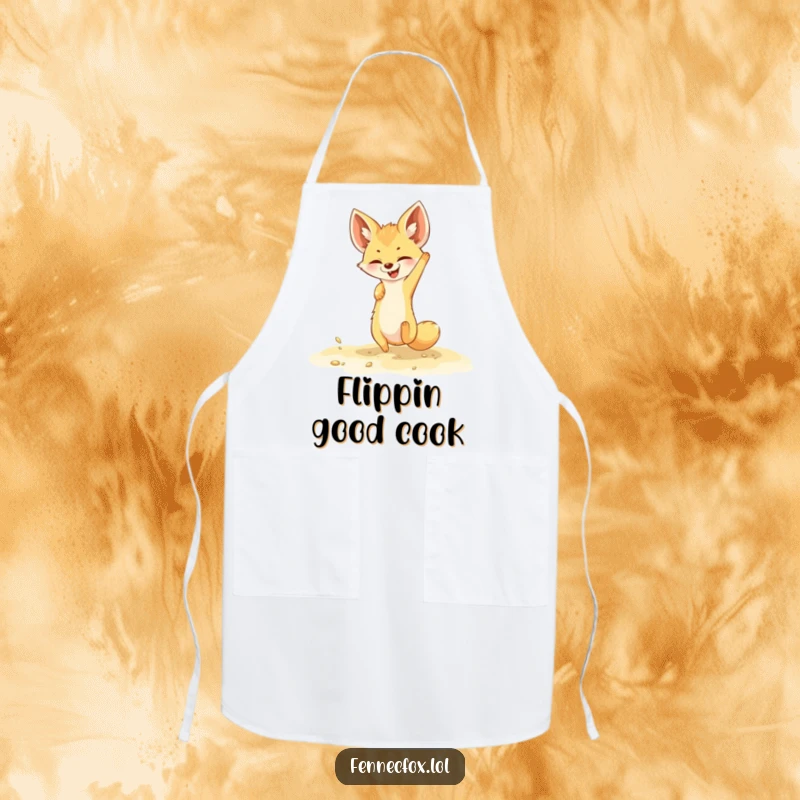 Funny fennec fox apron featuring a chef character joyfully doing a somersault in golden sand, perfect for kitchen playfulness.