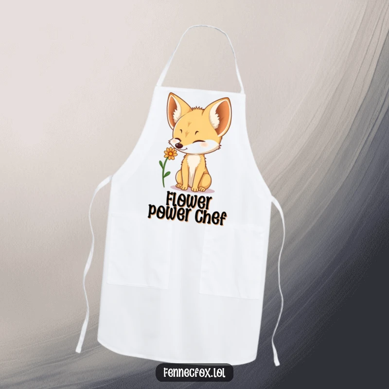 Funny Fennec Fox apron with a cute fox balancing a small desert flower on its nose, perfect for kitchen charm.