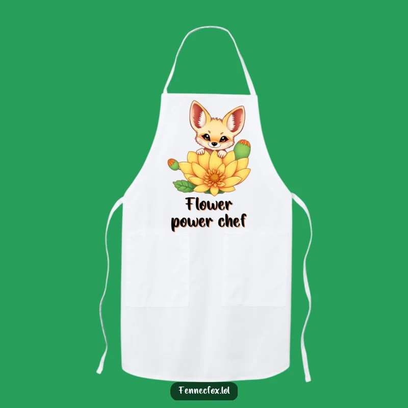 Funny Fennec Fox Apron: Cheerful Fox Peeking Over Flower, Perfect Kitchen Gift!