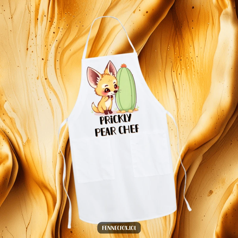 Funny fennec fox apron featuring a chef character happily sniffing a large, whimsical cactus, perfect for desert-themed kitchen fun.