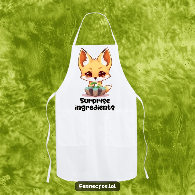 Funny fennec fox apron featuring a chef character surprised by a tiny floating oasis, perfect for magical kitchen adventures.