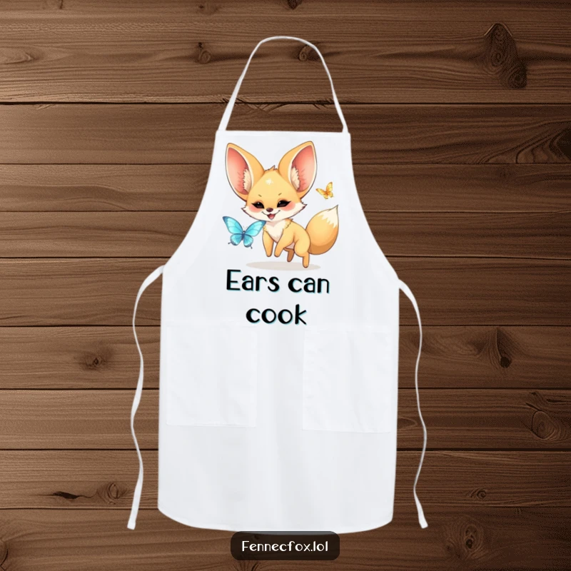 Funny kawaii fennec fox with large ears joyfully chasing a shimmering butterfly, on a functional kitchen apron. A funny and practical item.