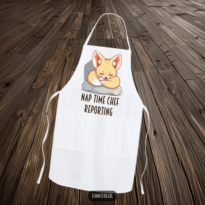 Funny Fennec Fox Apron: A cute fennec fox depicted in a deep, peaceful sleep under the shadow of a desert rock.