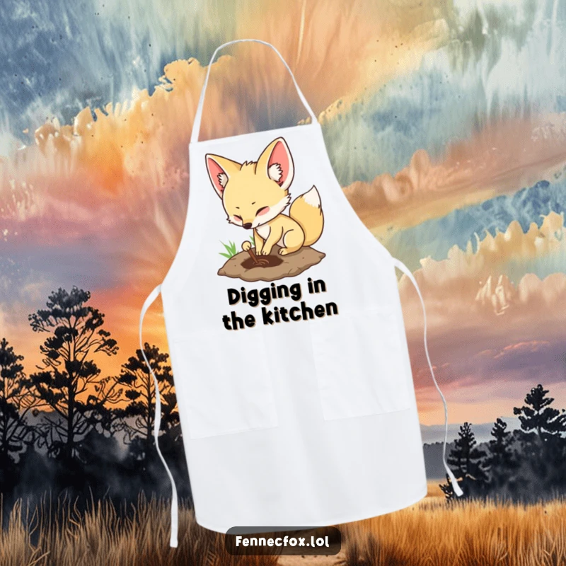 Funny fennec fox apron showing a character digging, suitable for culinary adventures or gardening tasks.