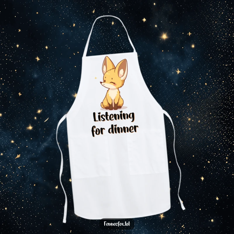 Funny apron showing a Fennec fox character listening intently to a distant sound, ready for quirky kitchen tasks.
