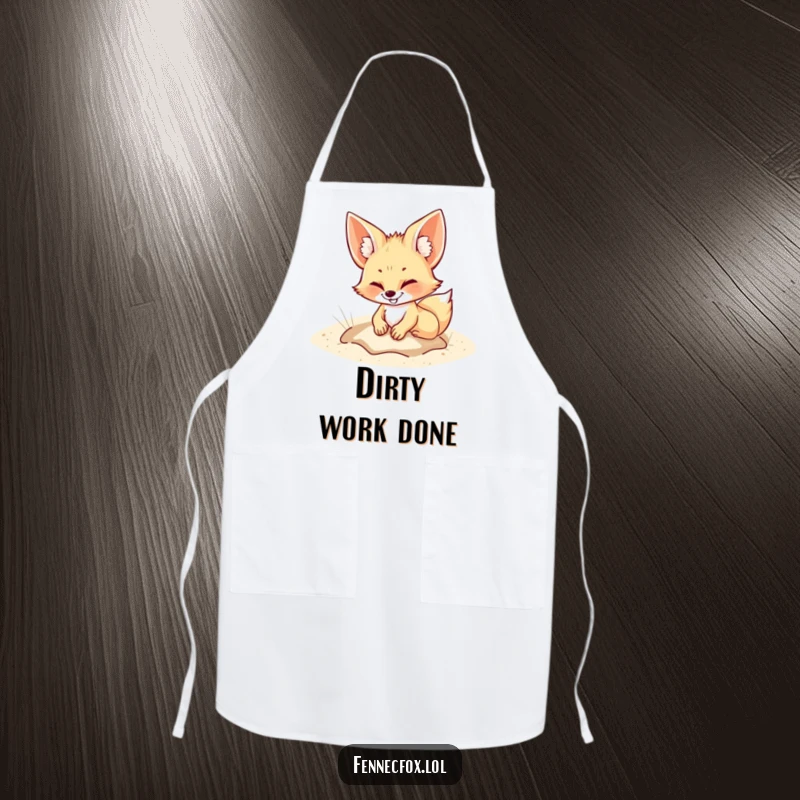 Funny Apron showing a fennec fox grinning while digging in the sand, perfect for kitchen use with a touch of playful desert humor.