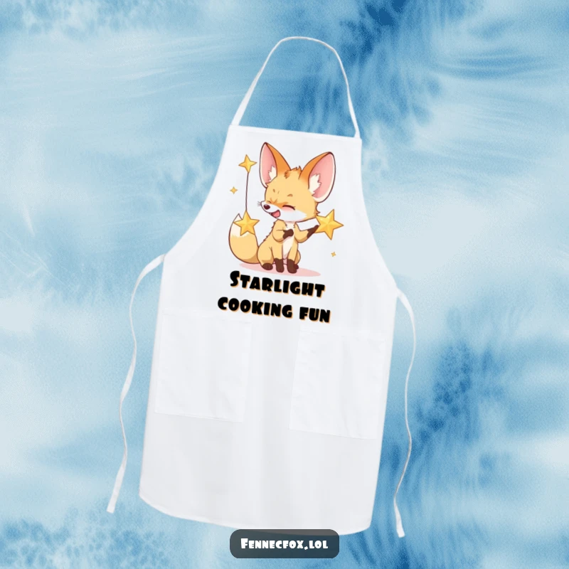 Funny apron showing a fennec fox playfully batting at a desert star, ideal for kitchen use and stargazers.
