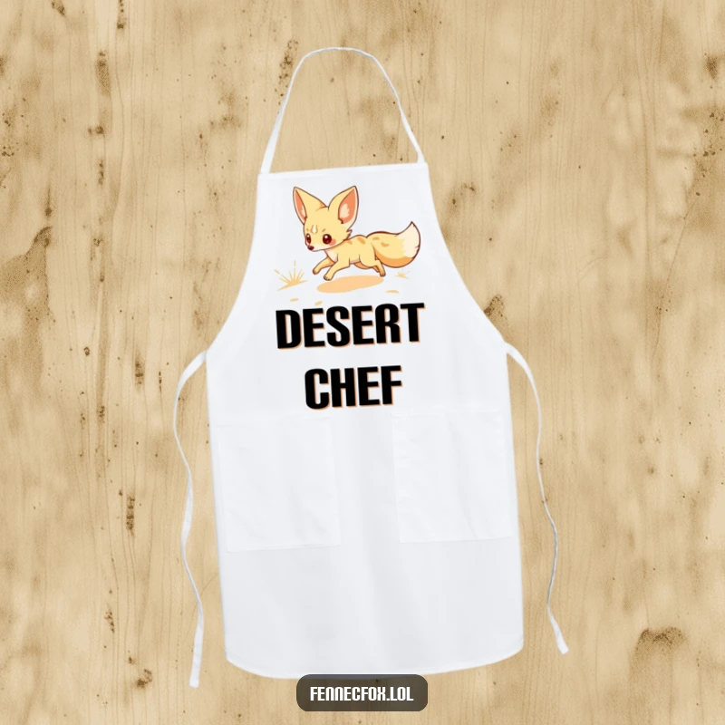 Funny apron showing a fennec fox character scampering across a sandy landscape, ideal for kitchen tasks, crafting, or outdoor activities with a humorous flair.