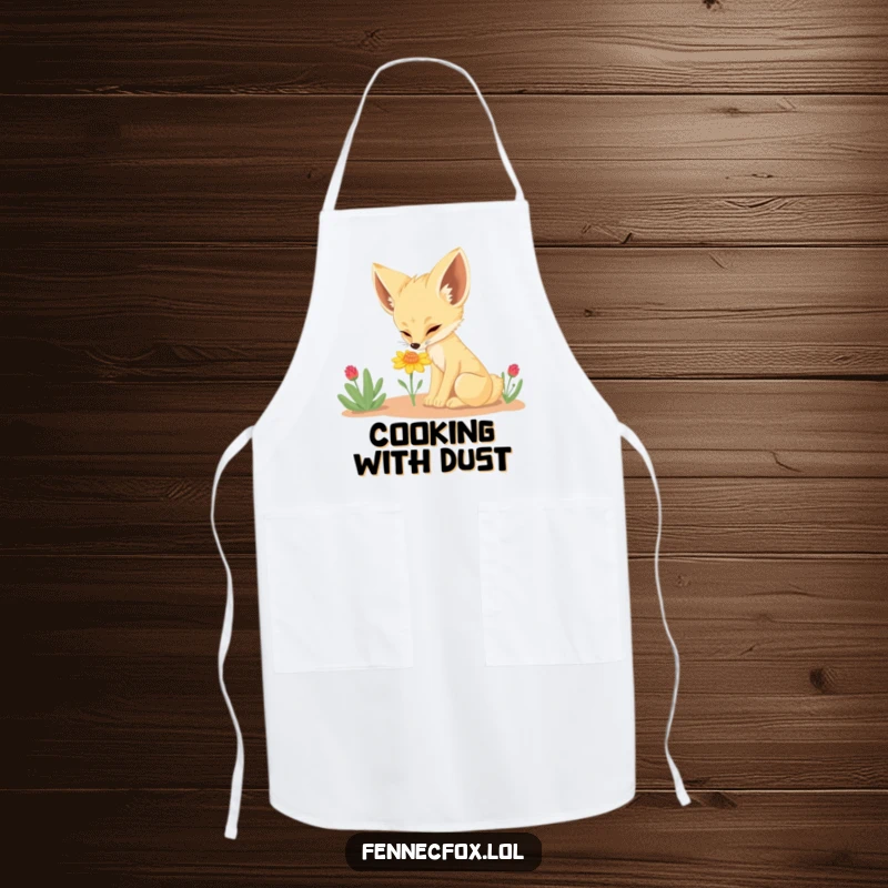 Funny Fennec Fox Apron: A practical and humorous kitchen accessory featuring a fennec fox curiously sniffing a desert flower, ideal for chefs and bakers.