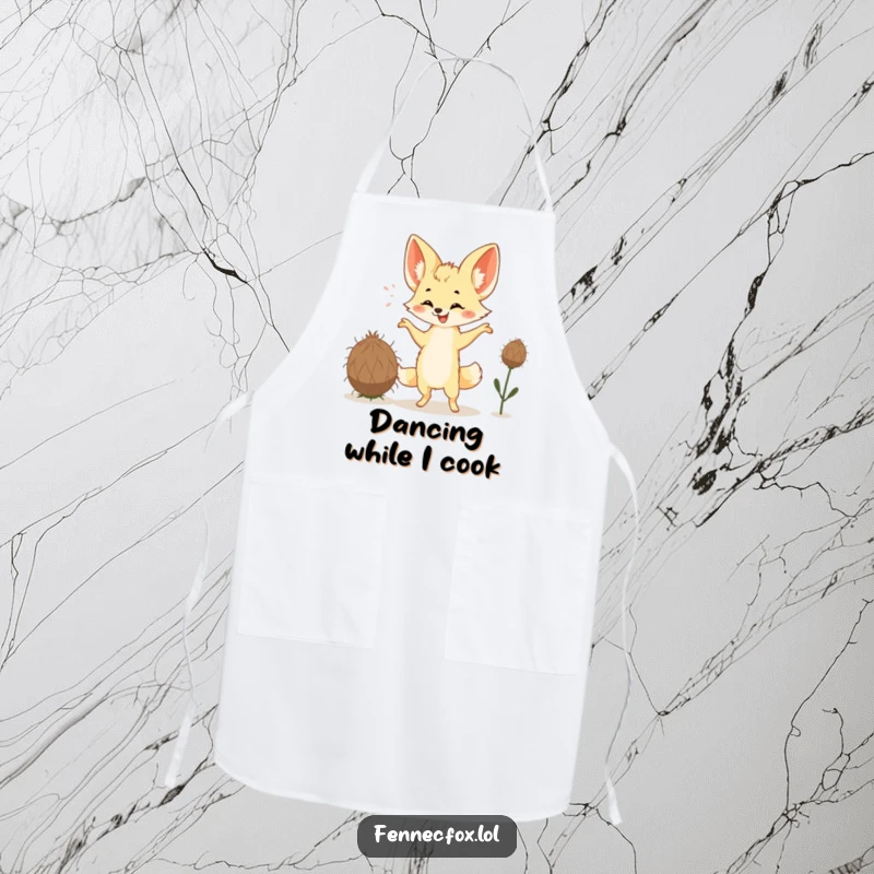 Funny Fennec Fox Apron showing a happy fox with big ears doing a silly dance with a tumbleweed. Practical and humorous for chefs.
