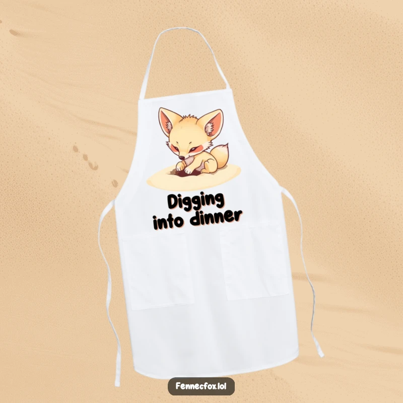 Funny apron featuring a fennec fox playfully digging a small hole in soft sand, kitchen protection.