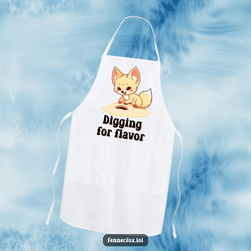 Funny fennec fox apron showing a cartoon desert fox digging enthusiastically in sand, perfect for adding humor to meal prep.