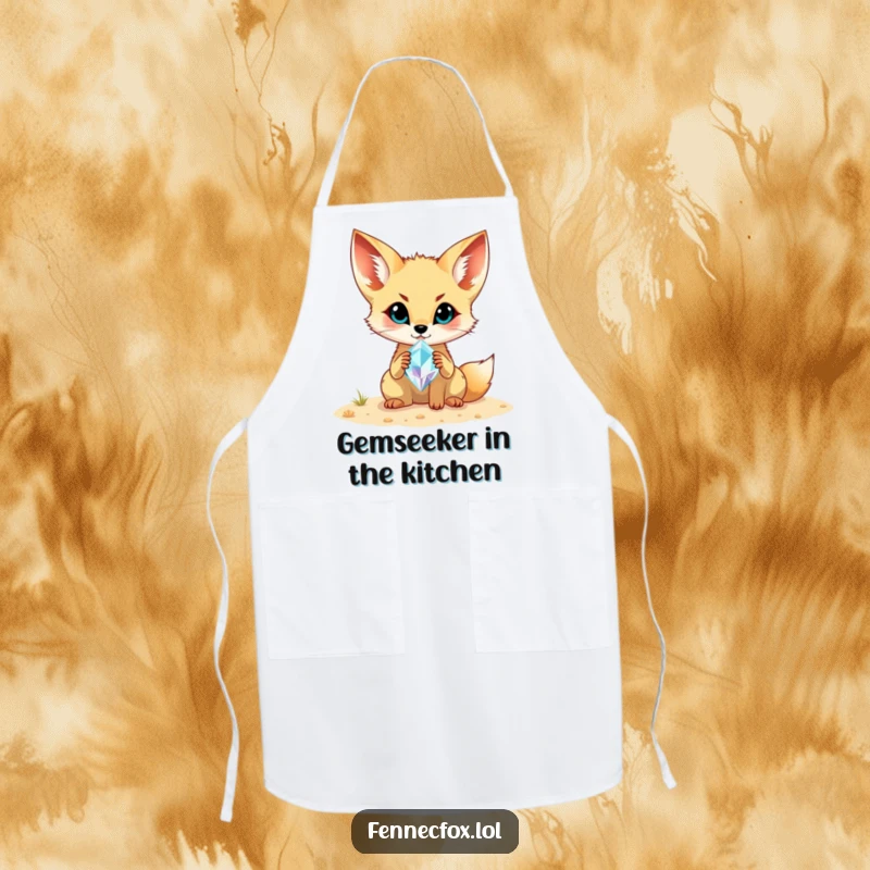 Funny Fennec Fox Apron: Features a fennec fox proudly holding a dazzling gemstone found in the desert sand, ready for culinary adventures.