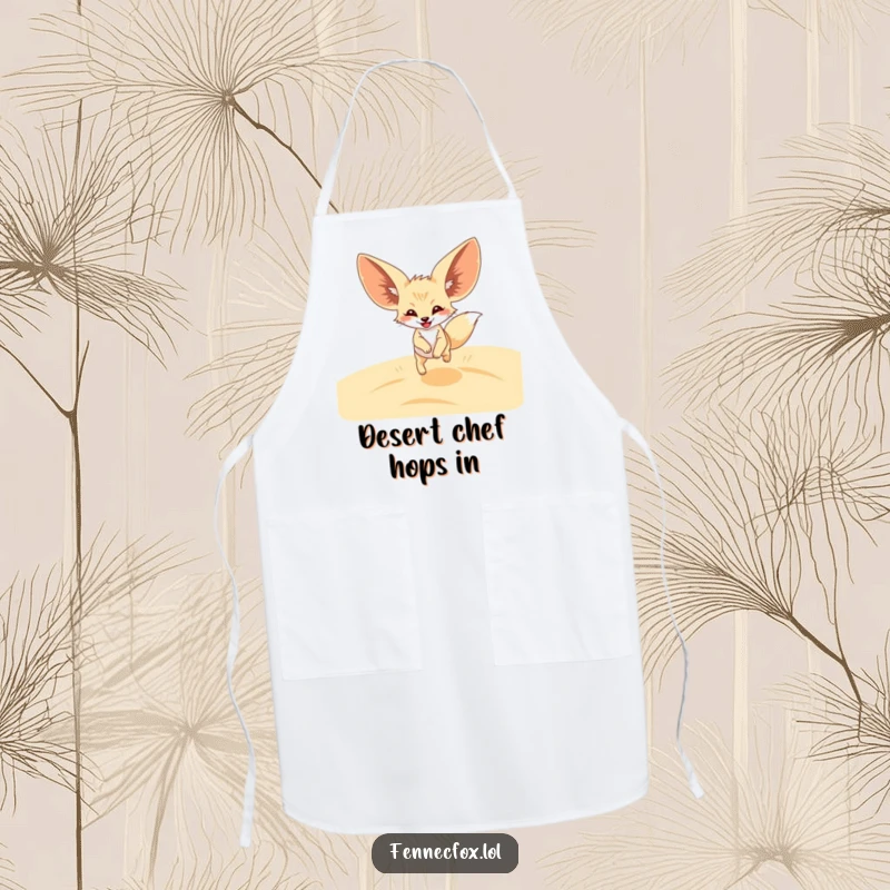 Funny Fennec Fox Apron showing a happy fox with enormous ears leaping joyfully over sandy desert dunes while cooking. Practical and amusing.