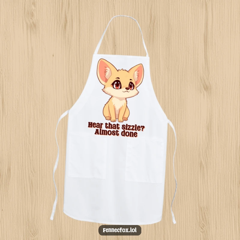 Funny fennec fox with wide eyes and attentive ears, listening in the kitchen, humorous apron.
