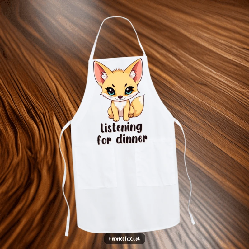 Funny fennec fox apron, with extra large ears perked, listening intently to kitchen sounds, adding a humorous touch to cooking.