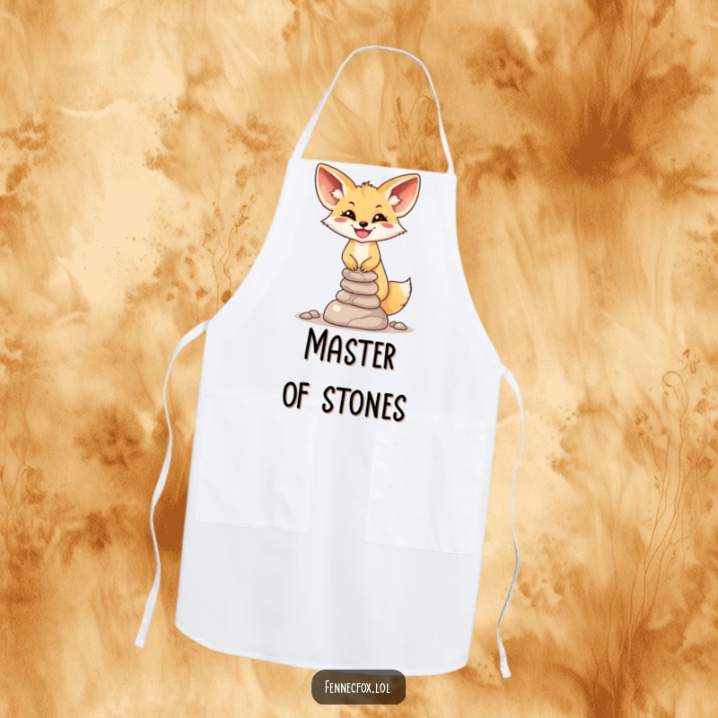 Funny Fennec Fox Stone Balance Apron: A smiling fox carefully balances a stack of small desert stones, ready for kitchen duty.
