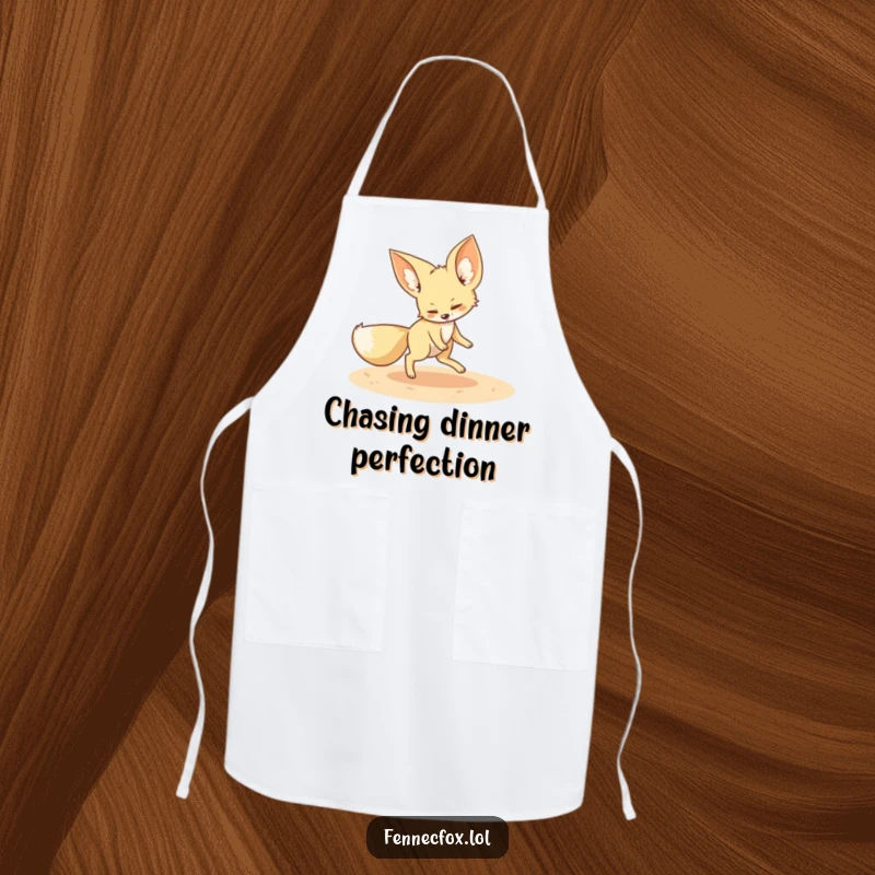 Funny fennec fox apron showing a playful fennec fox chasing its tail in a sandy circle, for cooks who love desert humor.