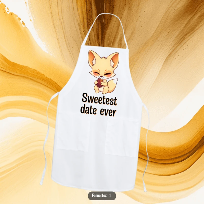 Funny fennec fox apron, winking confidently while holding a date fruit, adding a touch of cool charm to any kitchen task.