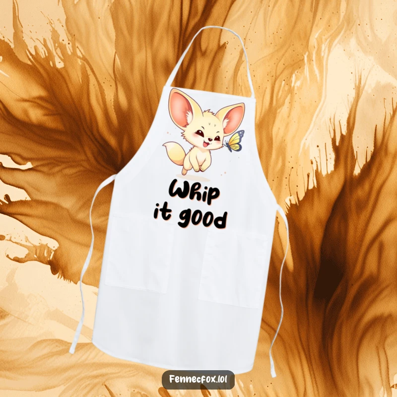 Funny kawaii fennec fox apron for kitchen fun, featuring a joyful fennec fox chasing a butterfly, ideal for protection and charm.