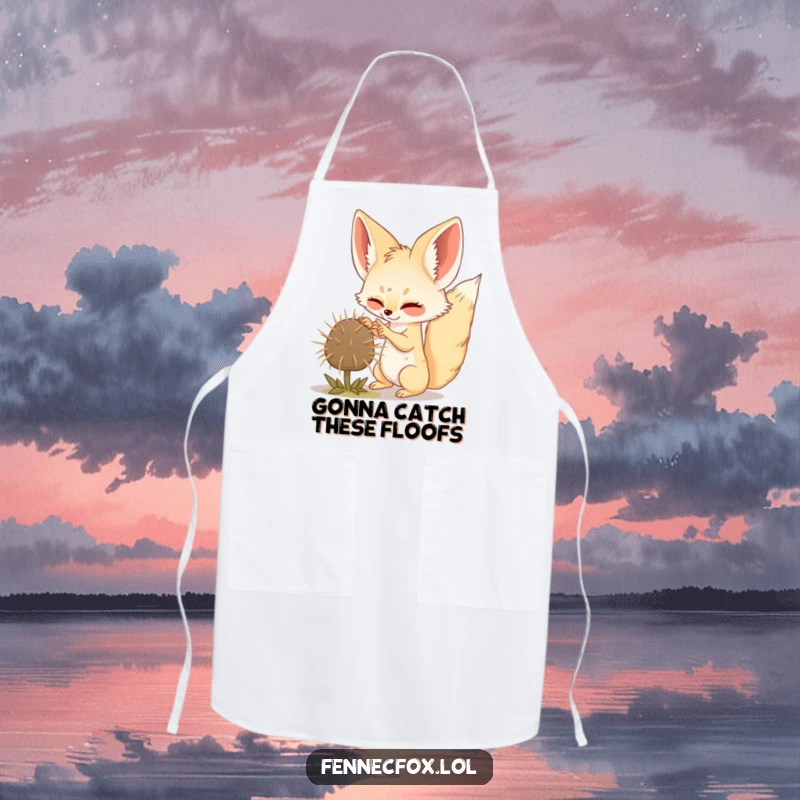 Funny Fennec Fox apron depicting a cute fox gleefully batting a tumbleweed, perfect for kitchen humor.