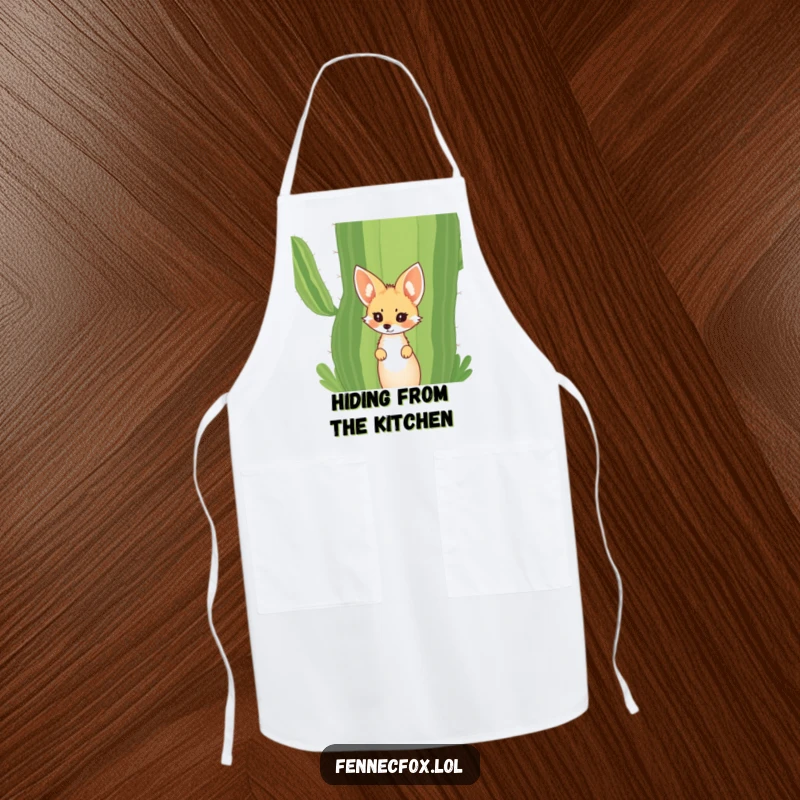 Funny Fennec Fox Apron showing a curious fox with big ears peeking from behind a giant desert cactus. Practical and amusing for cooks.