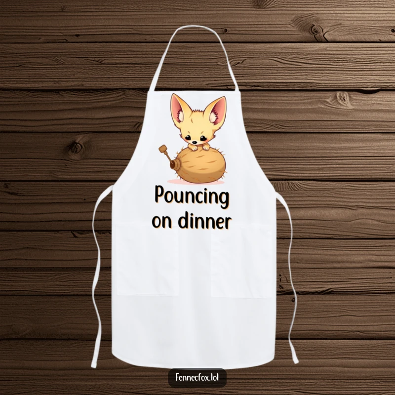 Funny apron depicting a fennec fox kit with large ears playfully pouncing on a rolling tumbleweed.