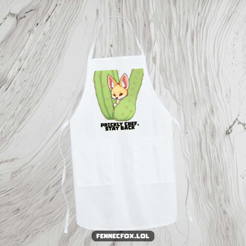 Funny fennec fox peeking from behind a spiky cactus on a kitchen apron, desert cooking humor, cute.