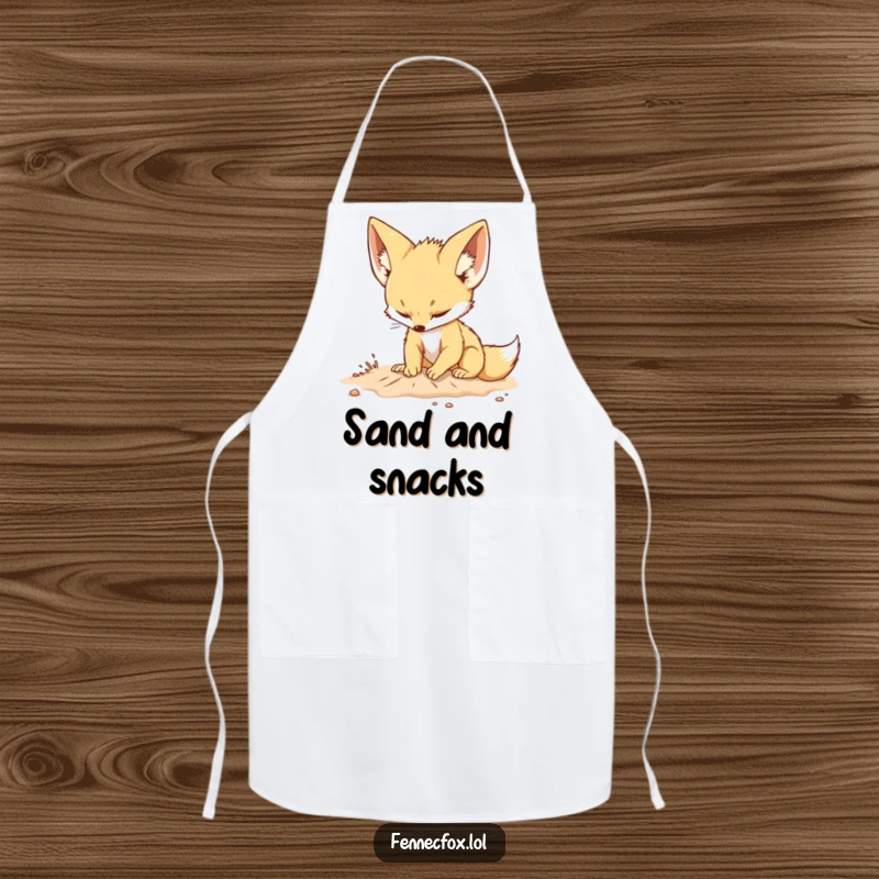 Funny apron depicting a determined fennec fox with large ears playfully digging in the sand, perfect for kitchen or craft activities.
