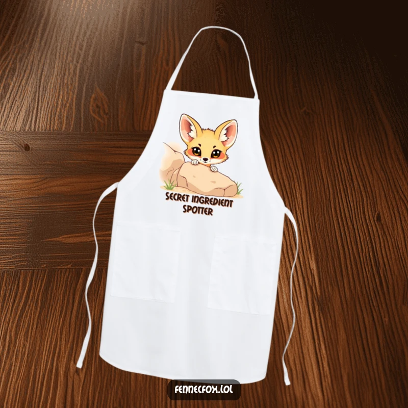 Funny fennec fox with curious eyes peeking from a desert rock, on an apron, for a humorous and practical kitchen accessory.