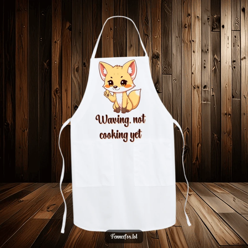 Funny shy Fennec Fox apron with a cute fox offering a small, shy wave, perfect for kitchen charm.