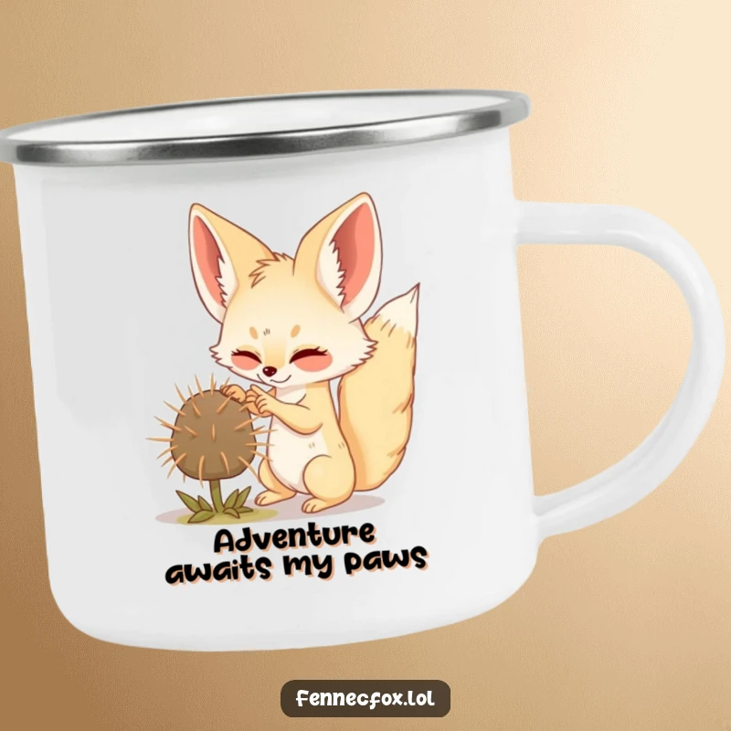 Funny Fennec Fox camping mug with a playful fox batting a tumbleweed, perfect for outdoor beverage enjoyment.