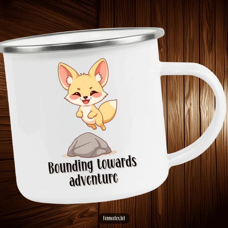 Funny fennec fox camping mug featuring a cartoon desert fox leaping over a rock with a big smile, symbolizing outdoor joy.