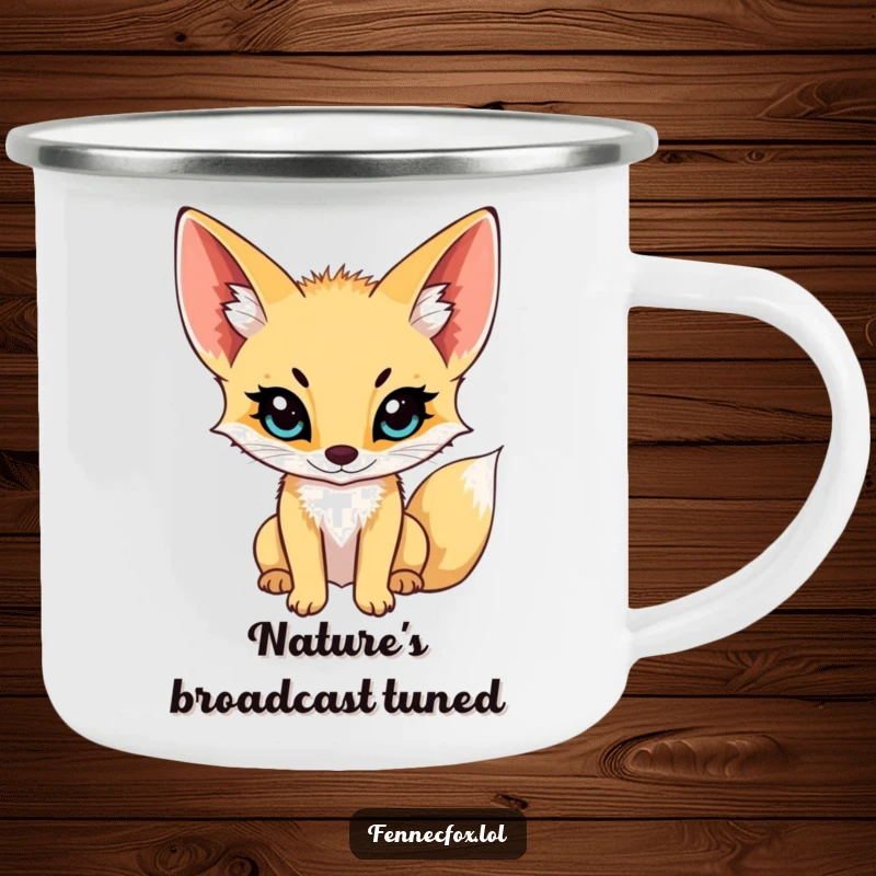 Funny fennec fox camping mug, outdoorsy vibe, with ears perked high, listening intently to the sounds of the wild, ready for adventure.