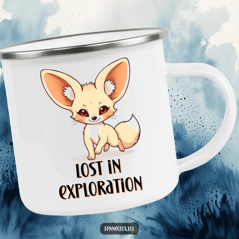 Funny fennec fox camping mug featuring a cartoon desert fox joyfully chasing its tail, ready for outdoor adventures.