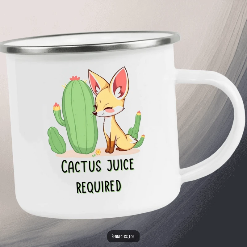 Funny curious fennec fox sniffing a large, whimsical cactus with a happy expression on a sturdy camping mug. A humorous and practical outdoor item.