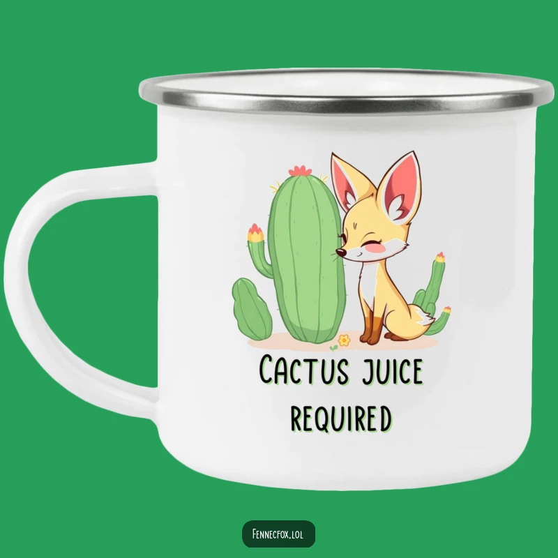 Funny Fennec Fox Camping Mug: Curious Fox Sniffing Cactus, Happy Outdoor Fun, Gift!