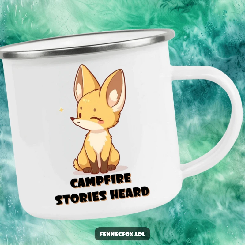 Funny camping mug with a Fennec fox character listening intently to a distant sound, perfect for attentive outdoor enjoyment.