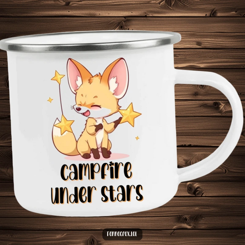 Funny camping mug depicting a fennec fox batting at a desert star, perfect for stargazing campers.