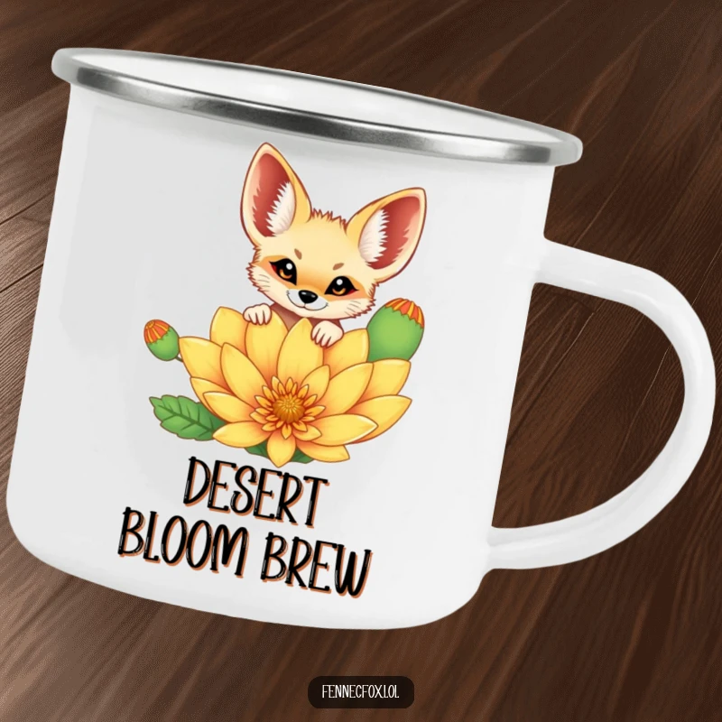 Funny cheerful fennec fox peeking curiously over a vibrant, oversized desert flower on a sturdy camping mug. A humorous and practical outdoor item.