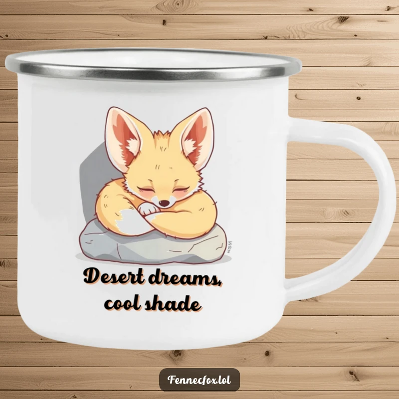 Funny Fennec Fox Camping Mug: A cute fennec fox peacefully napping under a rock, perfect for your outdoor adventures.