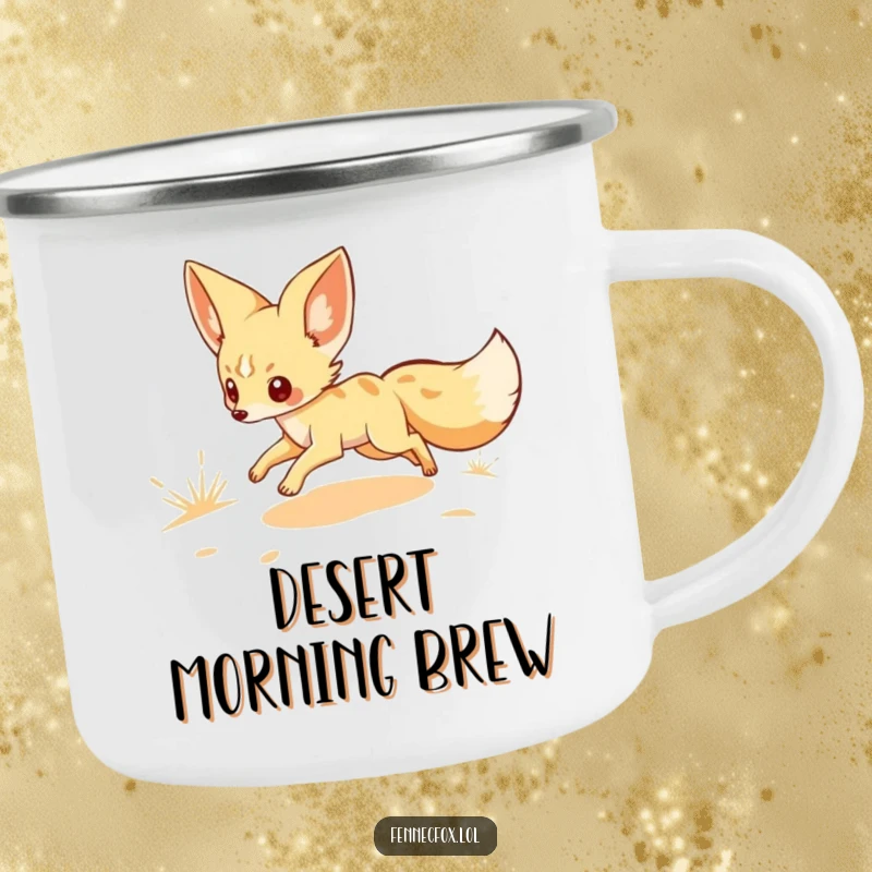 Funny enamel camping mug showing a fennec fox character scampering across a sandy landscape, perfect for hot drinks during outdoor activities with a desert vibe.