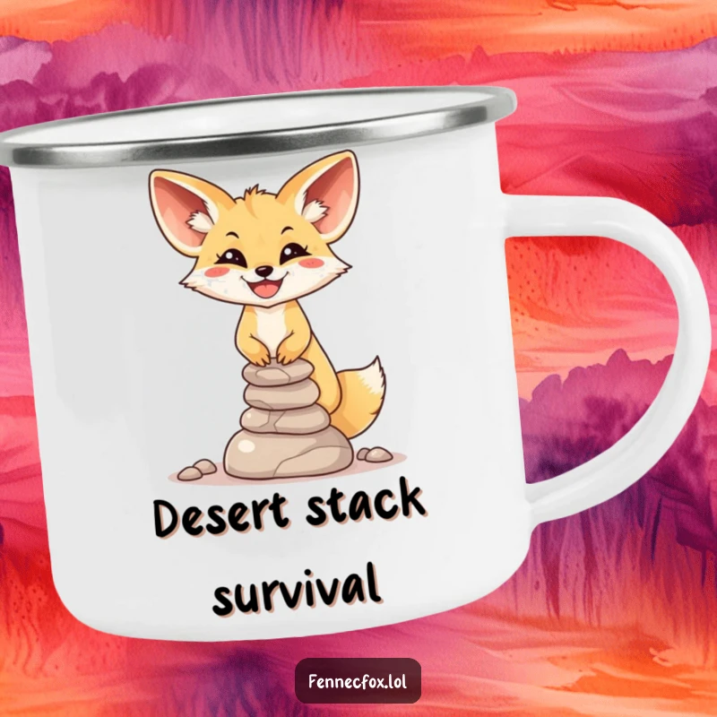 Funny Fennec Fox Camping Mug: A smiling fox balances a wobbly stack of small desert stones, perfect for outdoor enjoyment.