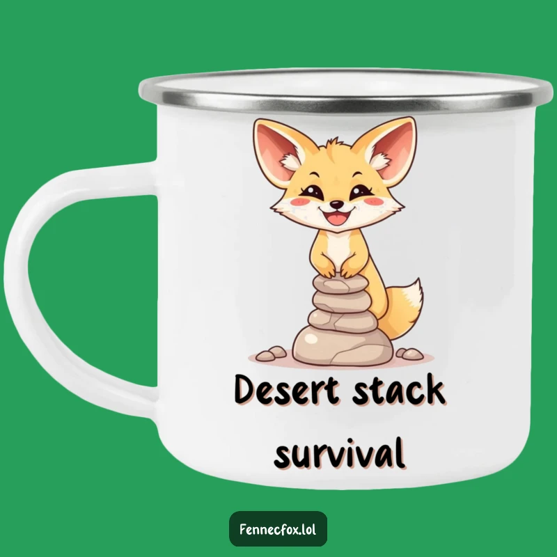 Funny Fennec Fox Balance Camping Mug: Smiling Stone Stacker - Rugged Humorous Gift