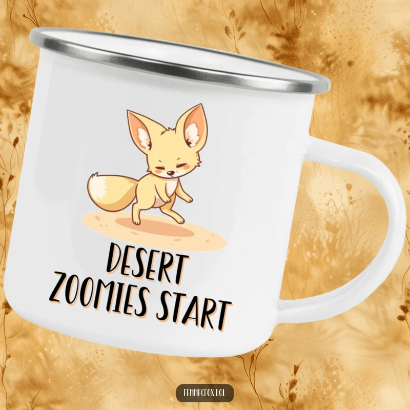 Funny fennec fox camping mug with a playful fennec fox chasing its tail in a sandy circle, for humorous outdoor fun.