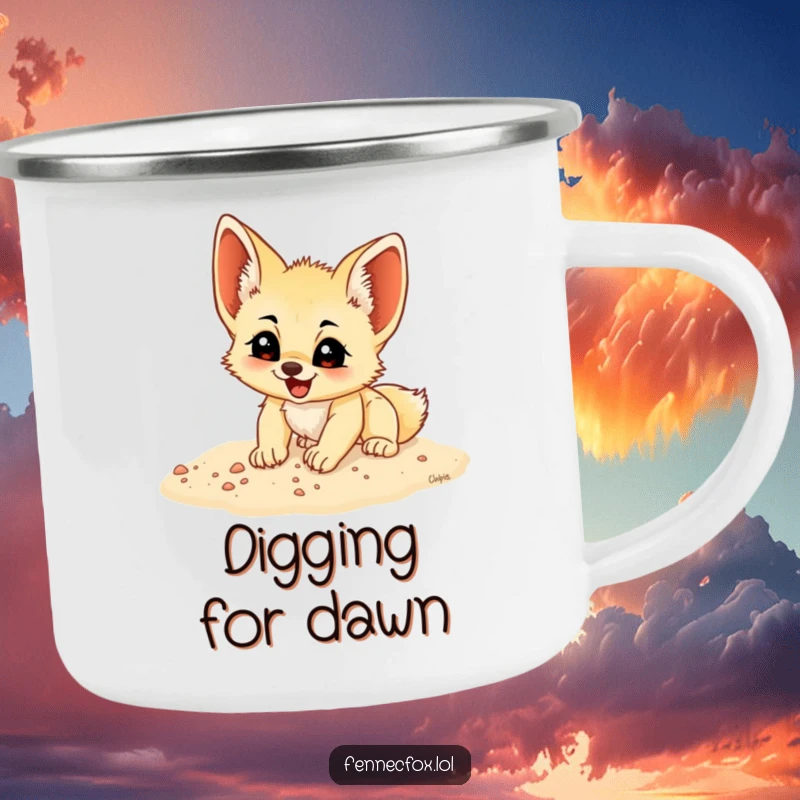 Funny fennec fox cub digging with excitement in sand, on a sturdy camping mug, perfect for outdoor humor.